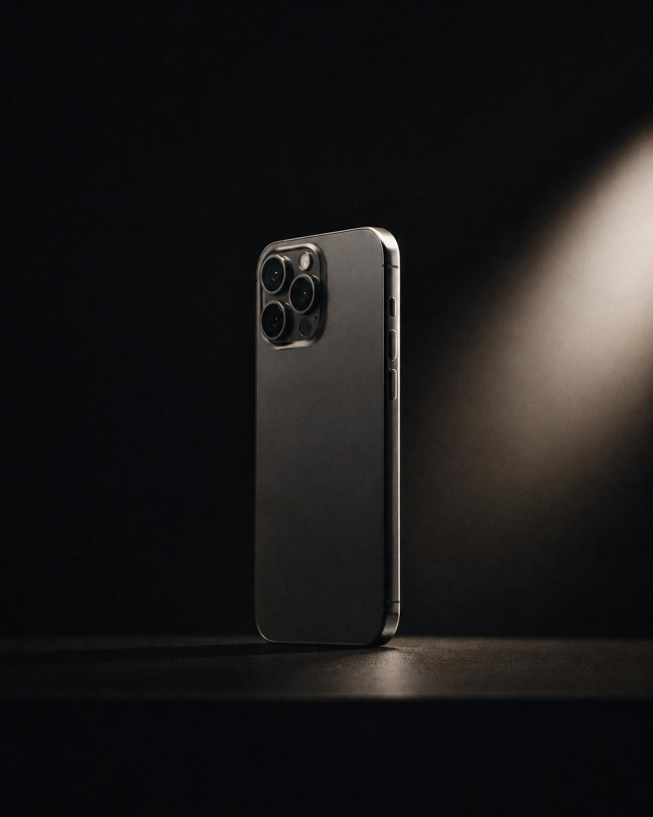 A premium smartphone lit by a single shaft of studio light
