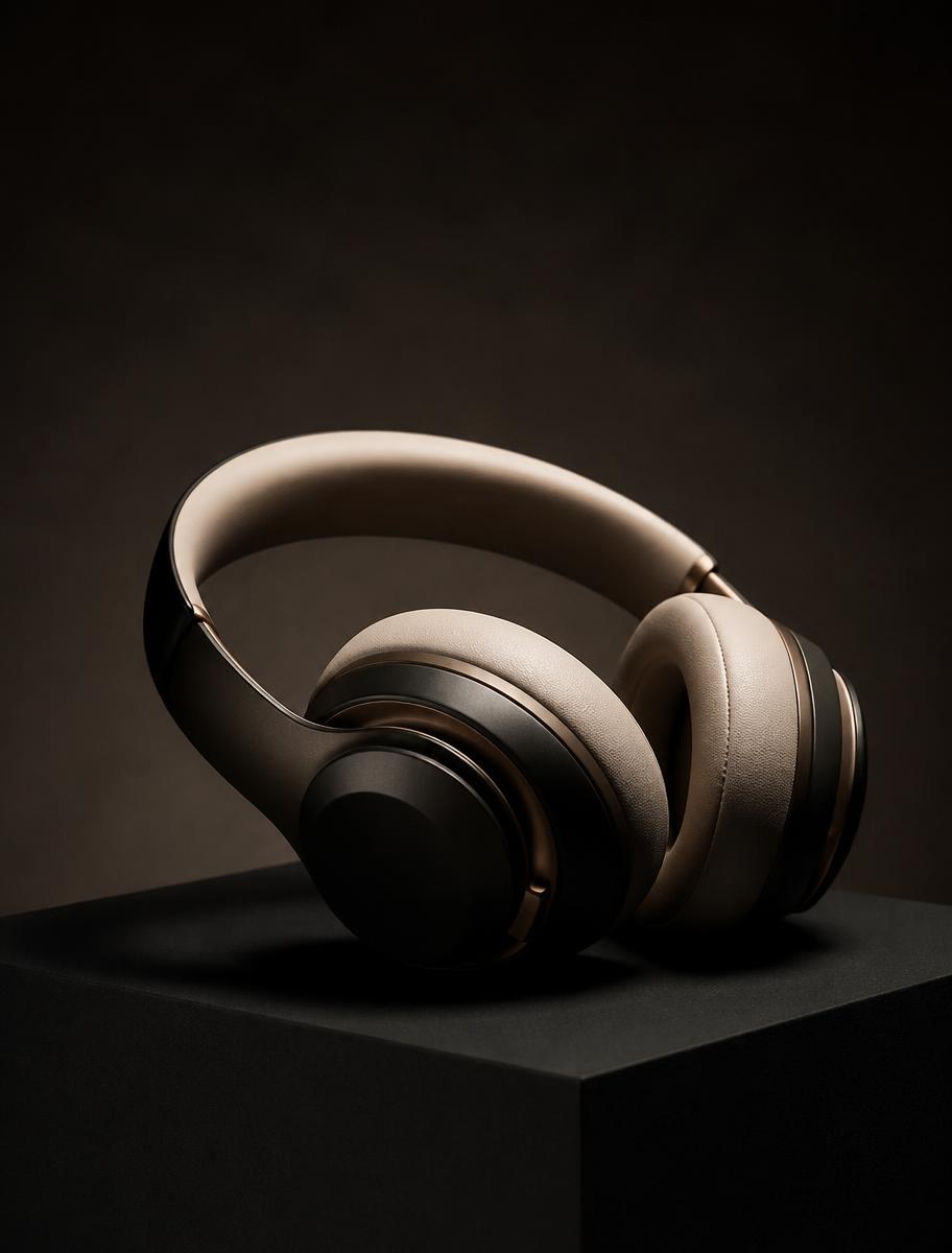 Premium over-ear headphones on a dark plinth