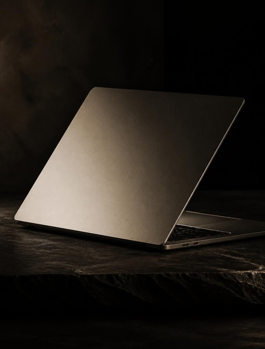 A slim modern laptop on a dark stone surface