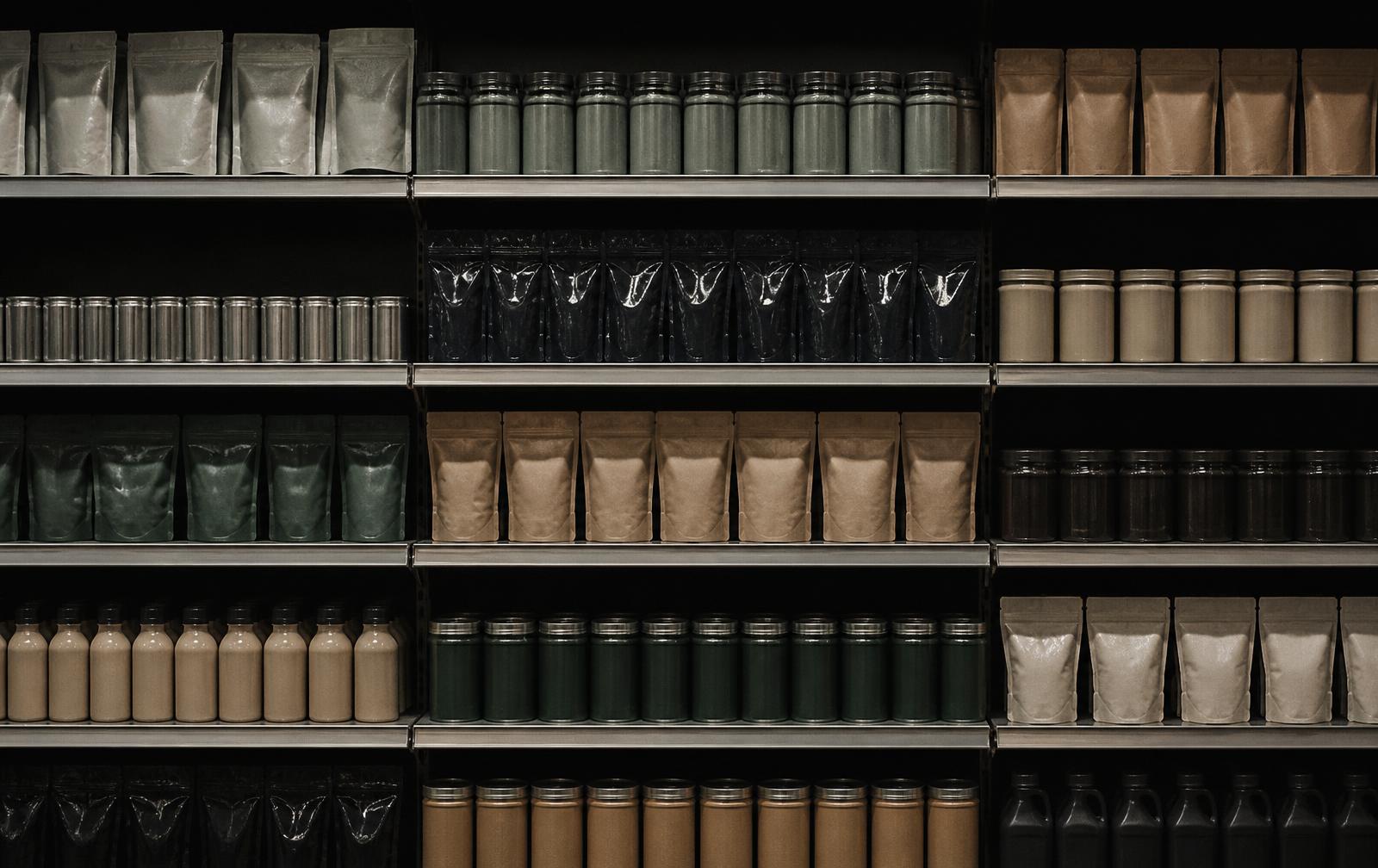 Densely stocked supermarket shelves