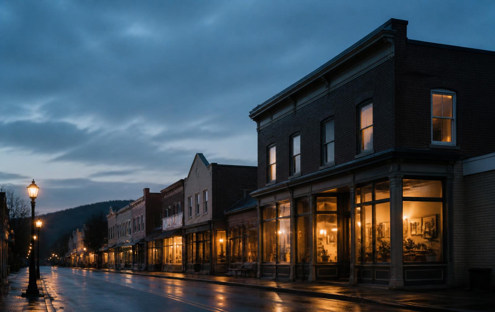 A small town commercial street at blue hour